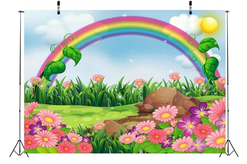 BELECO 7x5ft Fabric Rainbow and Sun Backdrop Enchanting Flowers Garden with Rainbow Cartoon Spring Photography Backdrop for Party Decoration Birthday Kids Boy Girl Baby Shower Photoshoot Photo Props - Image 4